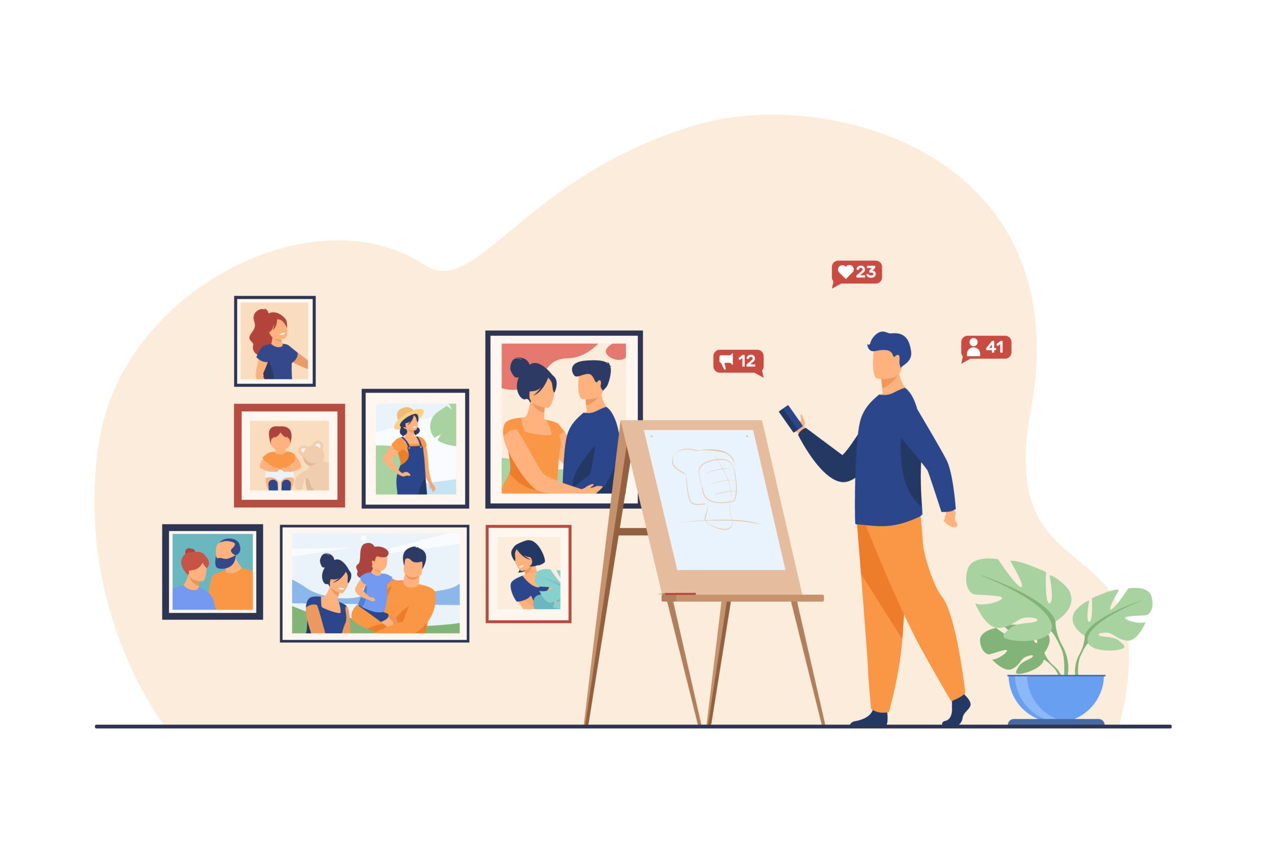 Artist working in his studio Artist working in his studio. Man painting portrait, easel, gallery flat vector illustration. Creative job, painter, craftsman concept for banner, website design or landing web page